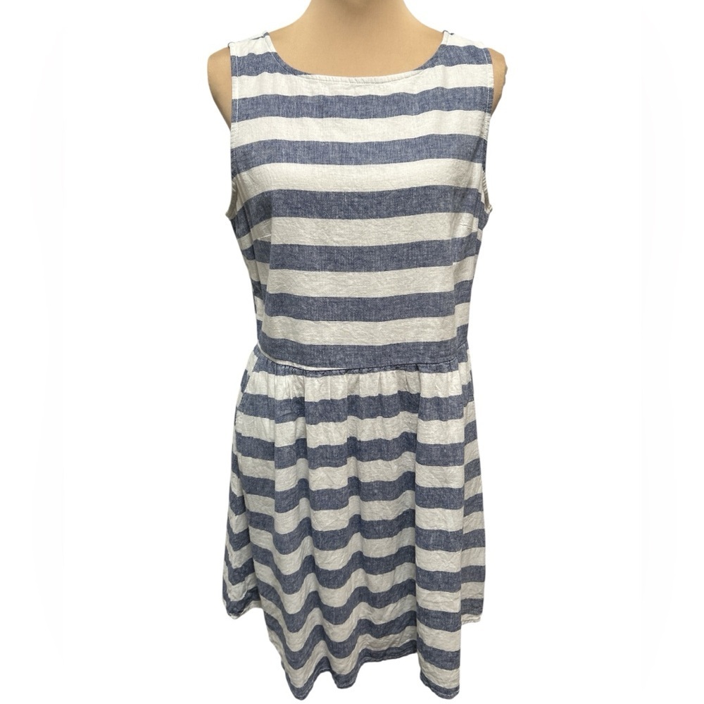Beach Lunch Lounge Linen Blend Blue Stripe Dress Sz Medium Pockets Read Details.